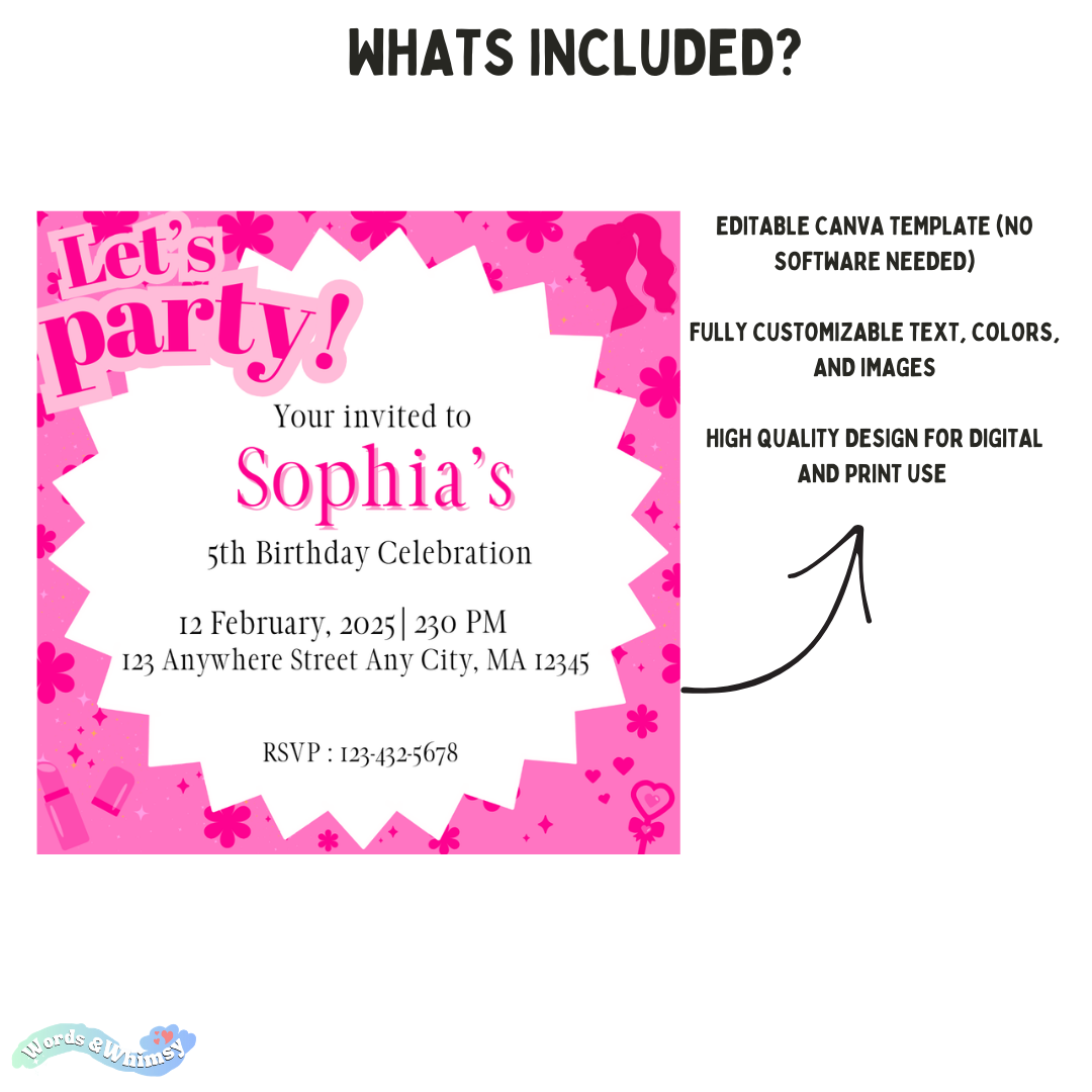 Barbie-Inspired Birthday Invitation | Editable Pink Canva Template